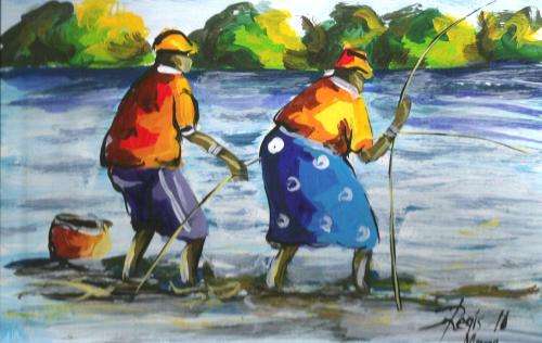 Beautiful acrylic painting by artist Regis Manja titled- Lovers fishing