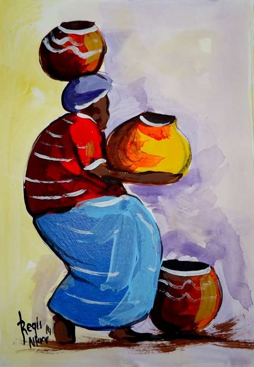 Beautiful acrylic painting by Regis Manje titled Fetching water