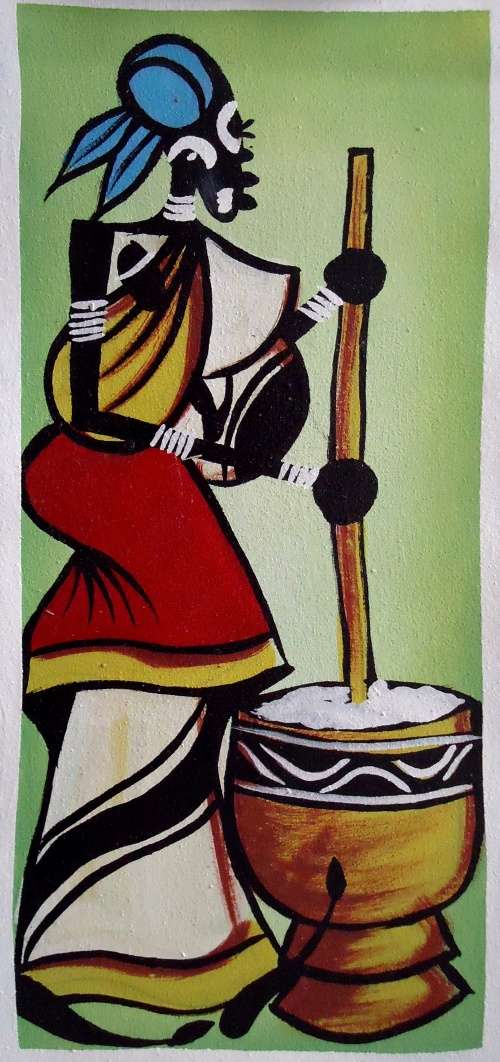 Original oil painting by artist Rodrick Chadehumbe titled Pounding maize