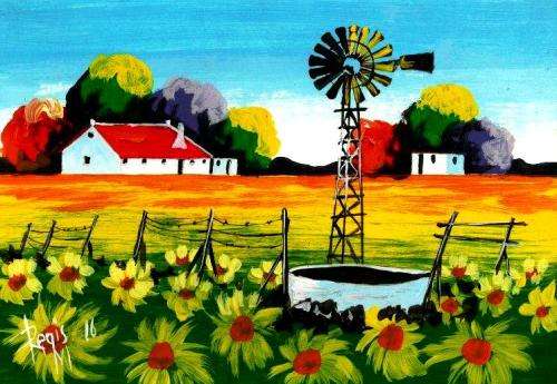Beautiful acrylic painting by Regis Manje titled Farm II