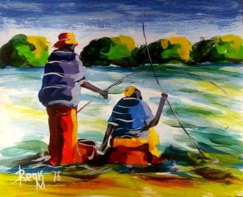 Beautiful acrylic painting by Regis Manje titled Waiting for a bite II