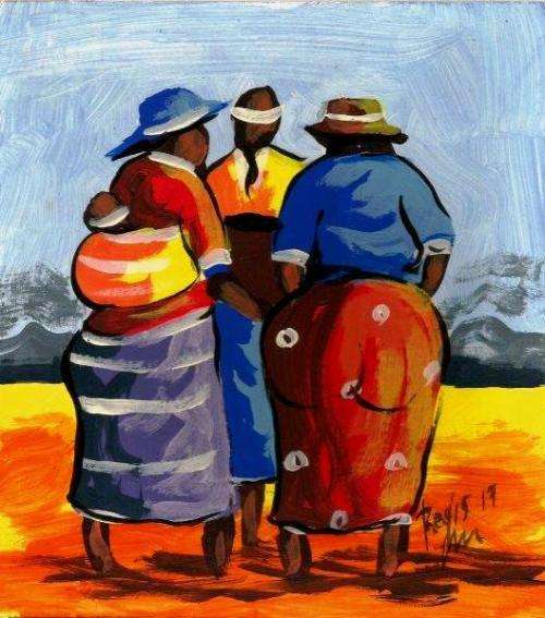 Beautiful acrylic painting by artist Regis Manje titled Ladies talking
