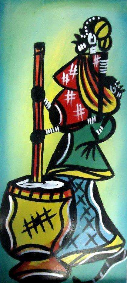 Magnificent painting by artist Rodrick Chadehumbe titled Mamma Coooking