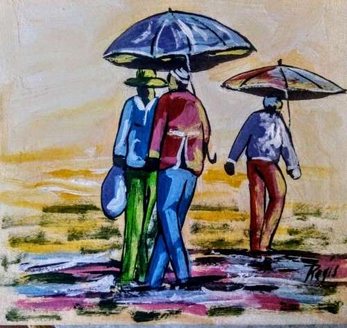 Beautiful painting by Regis Manje titled Walking in the rain