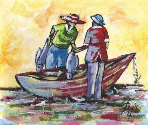Beautiful painting by Regis Manje titled Loading the catch