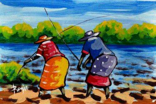 Beautiful painting by Regis Manje titled Ladies fishing II