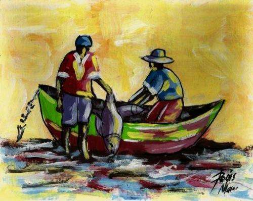 Beautiful painting by Regis Manje titled Loading the catch II