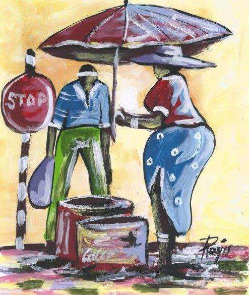 Beautiful acrylic painting by artist Regis Manje titled Selling food