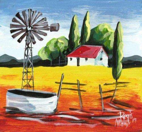 Beautiful acrylic painting by artist Regis Manje titled Ficksburg farm