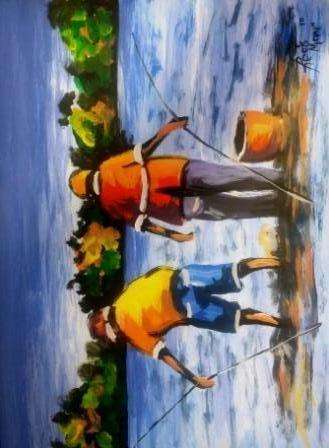 Beautiful acrylic painting by artist Regis Manje titled Friends fishing