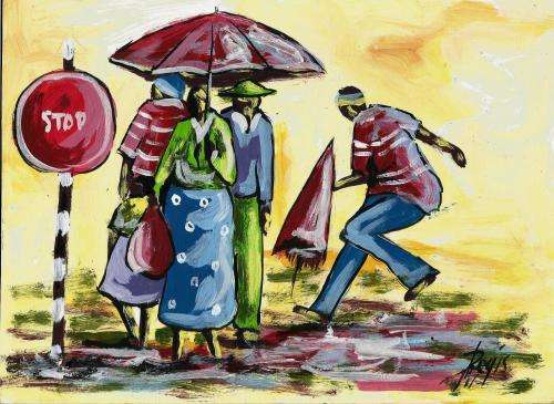 Beautiful acrylic painting by artist Regis Manje titled Running in the rain