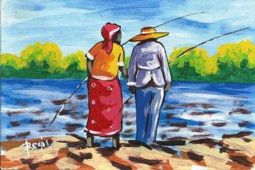 Beautiful acrylic painting by artist Regis Manje titled Couple fishing