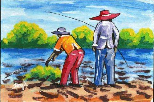 Beautiful acrylic pianting by artist Regis Manje titled Fishers II