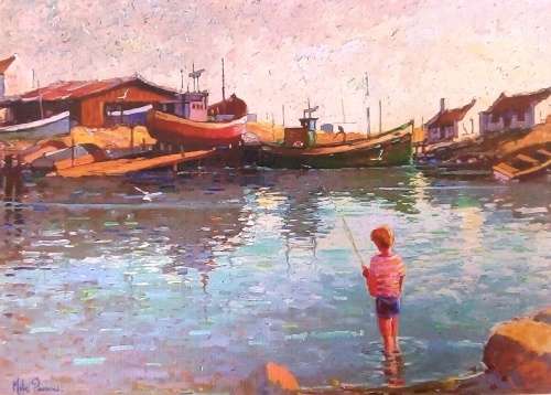 Quality print on canvas by late South African artist Mike Parsons titled Kalk bay fishing