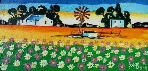 Beautiful acrylic painting by artist Regis Manja titled- Farm with Flowers