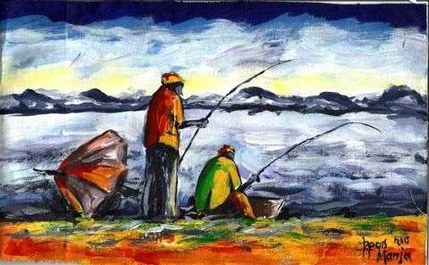 Beautiful acrylic painting by artist Regis Manja titled- Waiting for a Bite