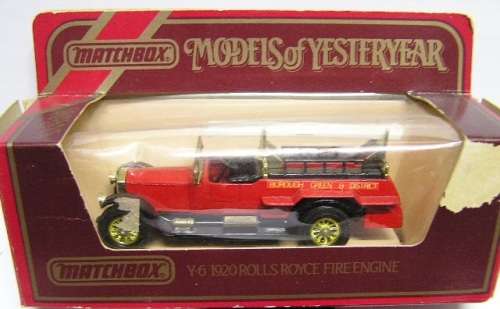 Matchbox Models of Yesteryear Diecast Truck Y 6 Rolls Royce Fire Engine 1/48 scale 1977 on box