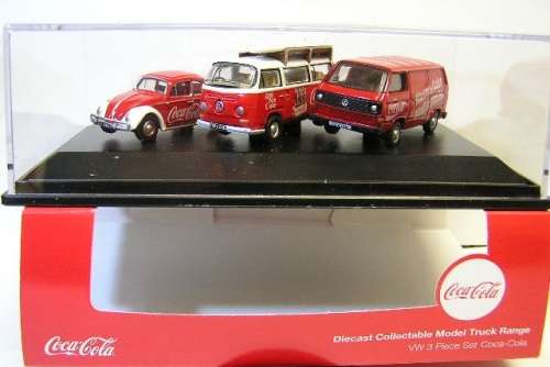 Oxford Diecast Model Car SET60CC VW Volkswagen Beetle Kombi T 2 + surfboards Kombi T3 Van "Coke Coca
