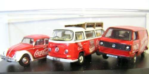 Oxford Diecast Model Car SET60CC VW Volkswagen Beetle Kombi T 2 + surfboards Kombi T3 Van "Coke Coca