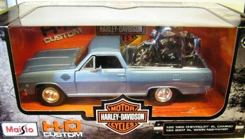 Maisto Diecast Model Car + Motorbike Chevy El Camino 1965 + Harley Davidson XL 1200N Nightster 2007