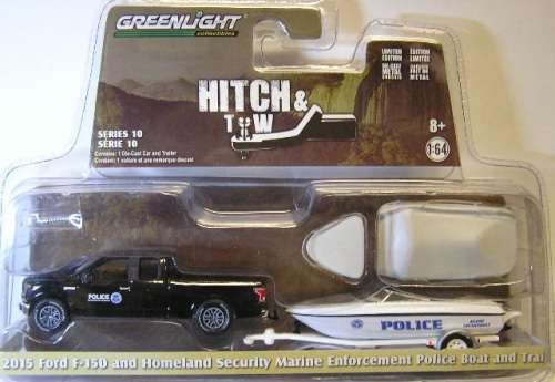 Greenlight Diecast Model Car Set Hitch & Tow Ford F 150 Pickup 2015 + Homeland Security Police boat