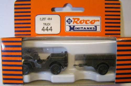 Roco Minitanks Model Car 444 Willys Jeep 4x4 1/4 ton + trailer 1/87 HO railway scale new in pack