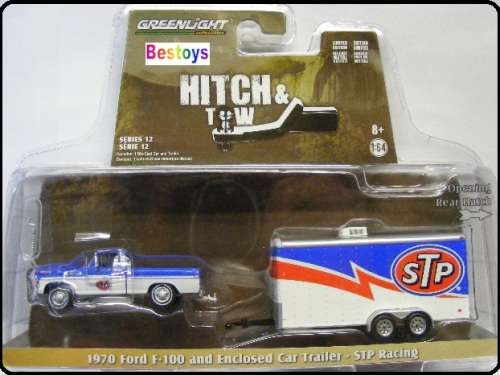 Greenlight Diecast Model Car Set Hitch & Tow Ford F 100 F100 Pickup 1970 + Trailer "STP" 1/64 scale