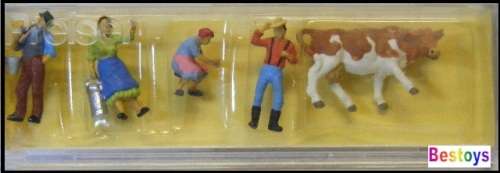 Preiser Model 44 Farm Workers cow & figures 1/87 HO railway scale new