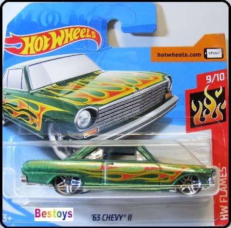 Hotwheels Hot Wheels Diecast Model Car 2018 110 / 365 Chevy Chevrolet II 2 1963 Flames 1/64 scale