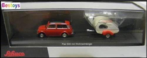Schuco Diecast Model Car 26106 Fiat 500 Kombi Stationwagon + Caravan 1/87 HO railway scale new
