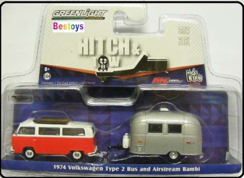 Greenlight Diecast Model Car Set Hitch & Tow VDub VW Volkswagen Kombi T 2 T2 1974 + Airstream Bambi