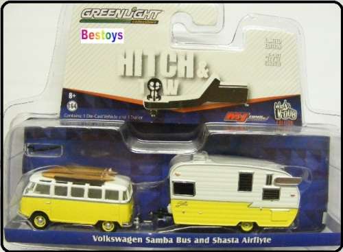 Greenlight Diecast Model Car Set Hitch & Tow VDub VW Volkswagen Kombi Samba Bus+ Shasta AirflyteCara