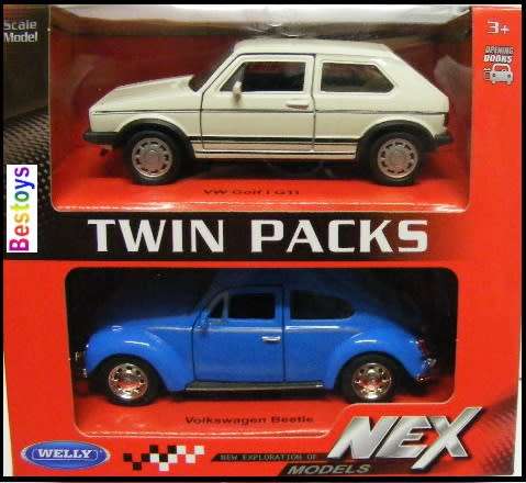 Welly Diecast Model Car Set 2 pk VW Volkswagen Beetle & Golf Mk 1 MK1 GTi 1/36 scale new in pack