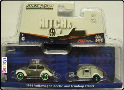 Greenlight Diecast Model Car Set Hitch & Tow CHASE VDub VW Volkswagen Beetle 1948 + Teardrop Trailer