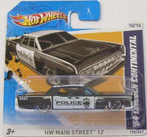 Hotwheels Diecast Model Car No 170 2012 , Lincoln Continental 1964 "Police" , new in blister pack
