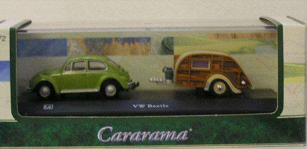 Cararama Diecast Model Car , Volkswagen VW Beetle + Camper trailer , 1/72 railway scale , new in box