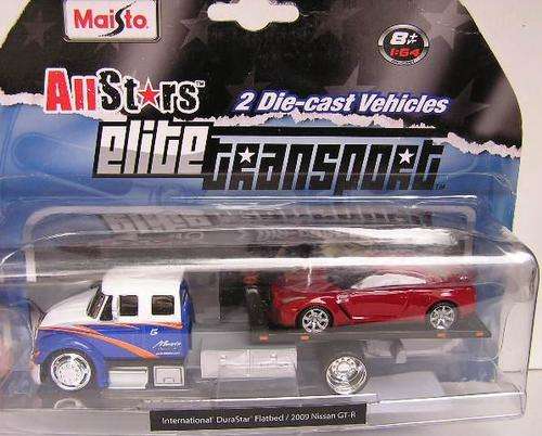 Maisto Diecast Model Car Elite Transport International Durastar Flatbed Recovery Truck + Nissan GT R