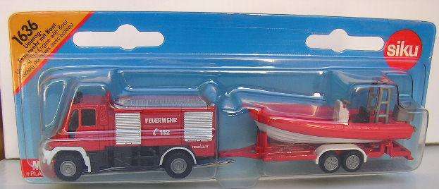 SIKU Diecast Model 1636 Truck & Trailer Mercedes Benz Unimog with inflatable boat on trailer Fire
