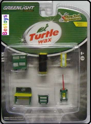 Greenlight Model Accessory Set Garage Workshop Tools Diorama "Turtle Wax" Spare tyres trolley jack t