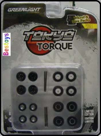 Greenlight Model Car Wheel Set Tokyo Torque rubber tyres real riders 1/64 scale new in pack