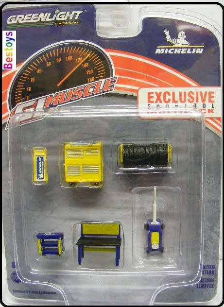 Greenlight Model Accessory Set Garage Workshop Tools Diorama "Michelin" Tool chest Trolley jack tyre