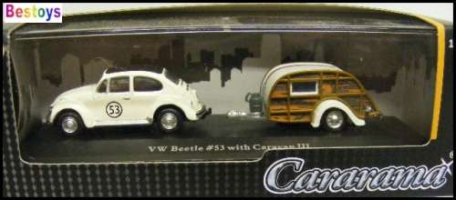 Cararama Hongwell Diecast Model Car 2 pk VW Volkswagen Beetle + Camper Trailer Herbie No 53 1/72 OO