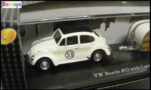 Cararama Hongwell Diecast Model Car 2 pk VW Volkswagen Beetle + Camper Trailer Herbie No 53 1/72 OO
