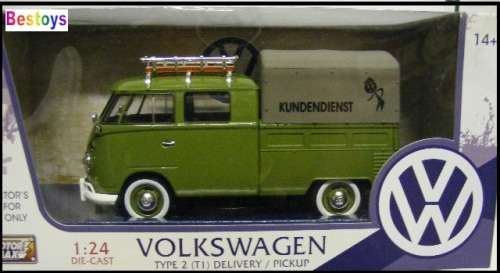 Motormax Motor Max Diecast Model Car 79554 VW Volkswagen Kombi T 1 T1 Double Cab Pickup + Canopy Ser