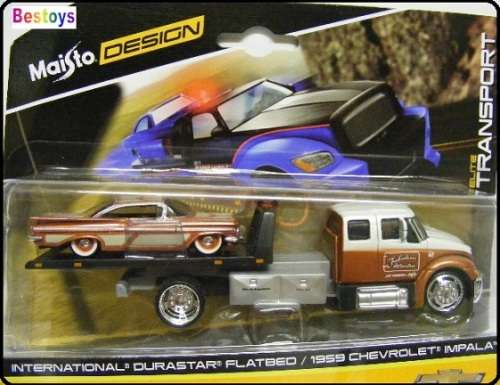 Maisto Elite Transport Chevy Impala 1959 + International Durastar Flatbed Recovery Truck 1/64 scale