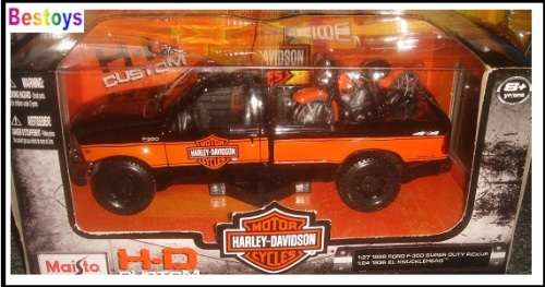Maisto Diecast Model Car + Motorbike 32161 Ford F 350 F350 Super Duty Pickup 1999 + EL Knucklehead36