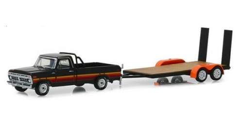 Greenlight Diecast Model Car Set Hitch & Tow Ford F 100 F100 Pickup 1977 + Flatbed Trailer 1/64 scal