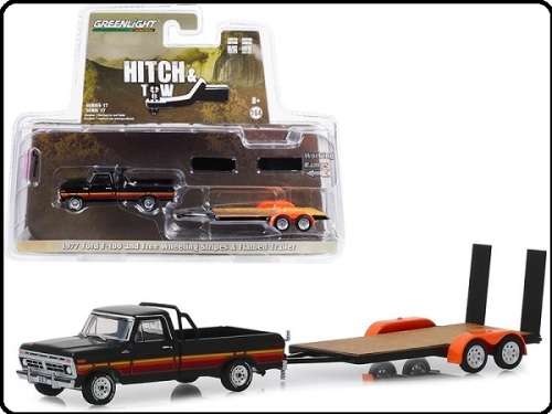 Greenlight Diecast Model Car Set Hitch & Tow Ford F 100 F100 Pickup 1977 + Flatbed Trailer 1/64 scal