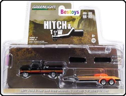 Greenlight Diecast Model Car Set Hitch & Tow Ford F 100 F100 Pickup 1977 + Flatbed Trailer 1/64 scal