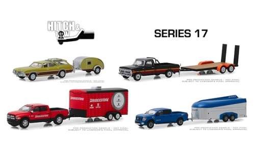 Greenlight Diecast Model Car Set Hitch & Tow Ford F 100 F100 Pickup 1977 + Flatbed Trailer 1/64 scal